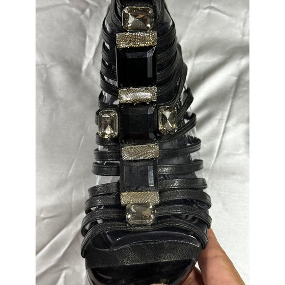 TORY BURCH Black Leather Jewel Bling Caged Gladiator Strappy Stiletto Heels - Picture 5 of 12